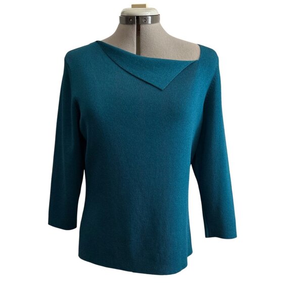 Rafaella Womens Teal Asymmetrical Neck Top L 3/4 Sleeves Office - Picture 1 of 6